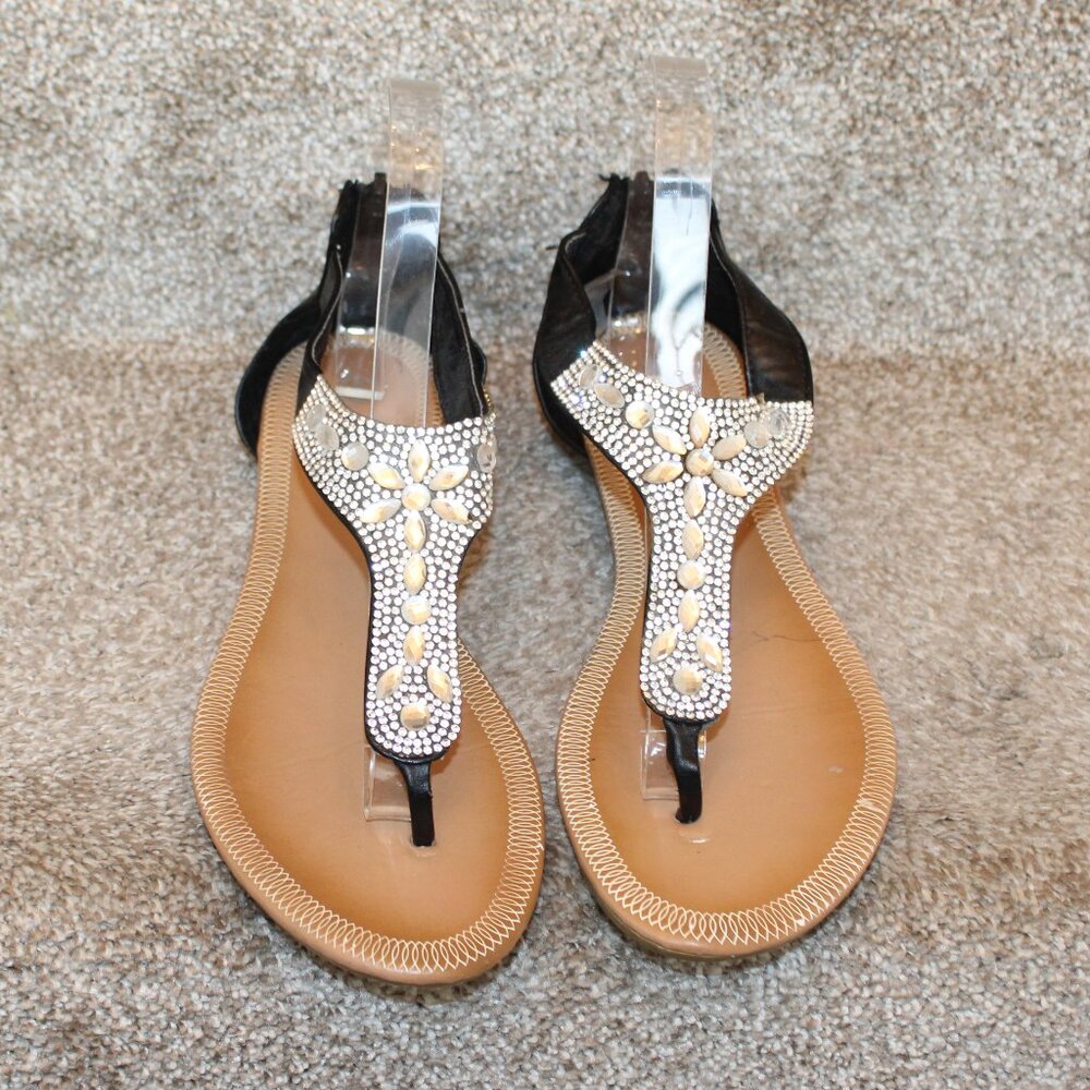 385 Fifth Black Rhinestone T-Strap Sandals Size 8 Beaded Flat Thong